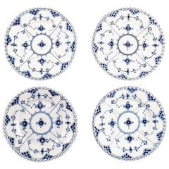 Blue Fluted Full Lace Royal Copenhagen Porcelain Dinnerware, Four Plates