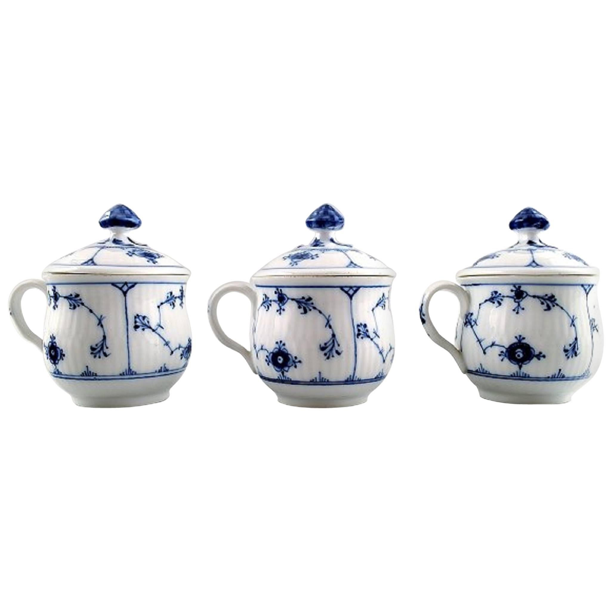Three Antique Royal Copenhagen Blue Fluted Plain Custard/Cream Cups with Handles