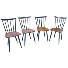 Four Mid-Century Wooden Spindle Back Chairs, 1950s in Tapiovaara Style