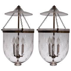 Pair of 19th Century Large Etched English Bell Jar Hall Lanterns