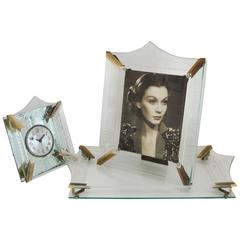 Vintage American Hollywood Regency Etched Glass, Mirror and Brass Three-Piece Vanity Set
