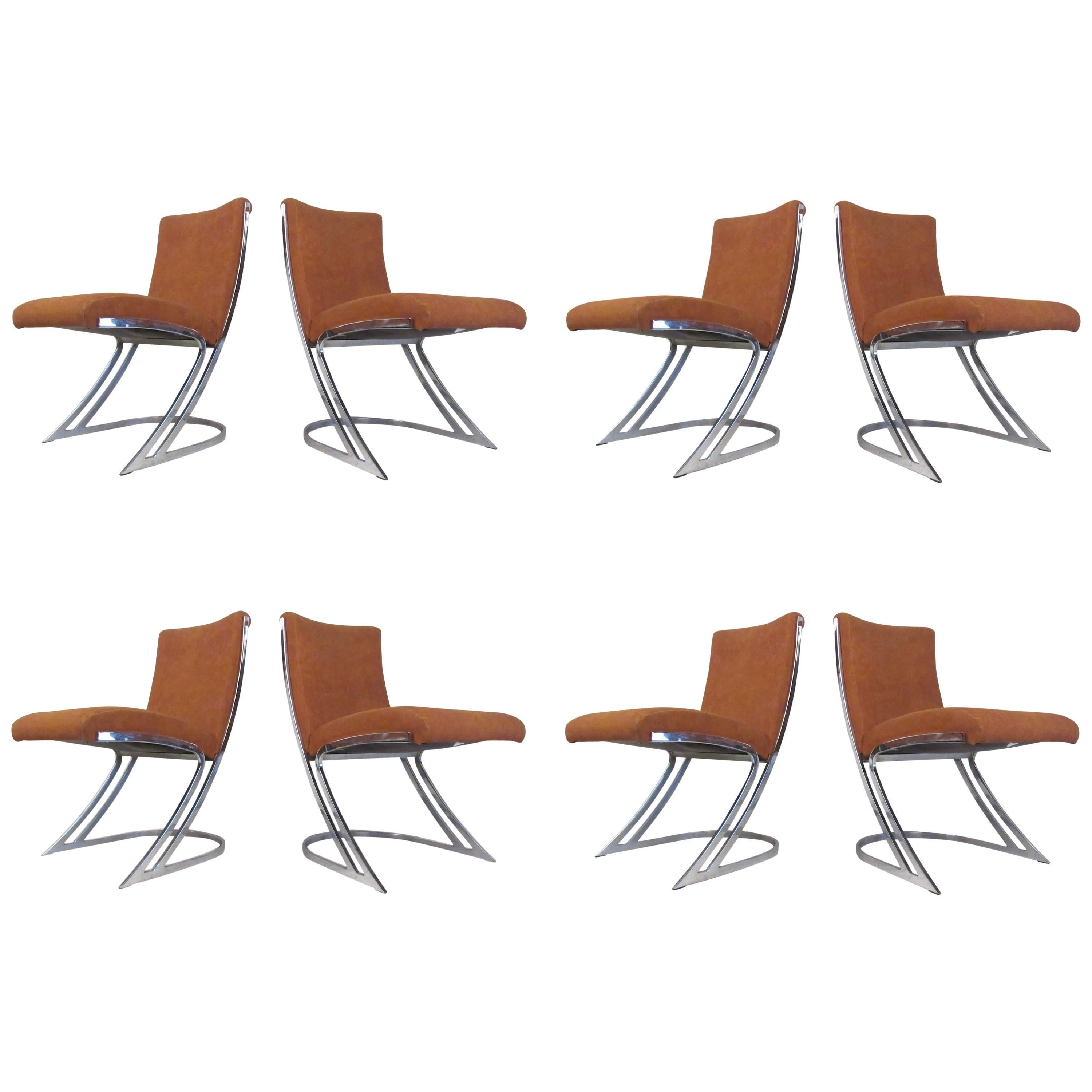 Set of Eight Mid-Century Chrome Cantilever Dining Chairs