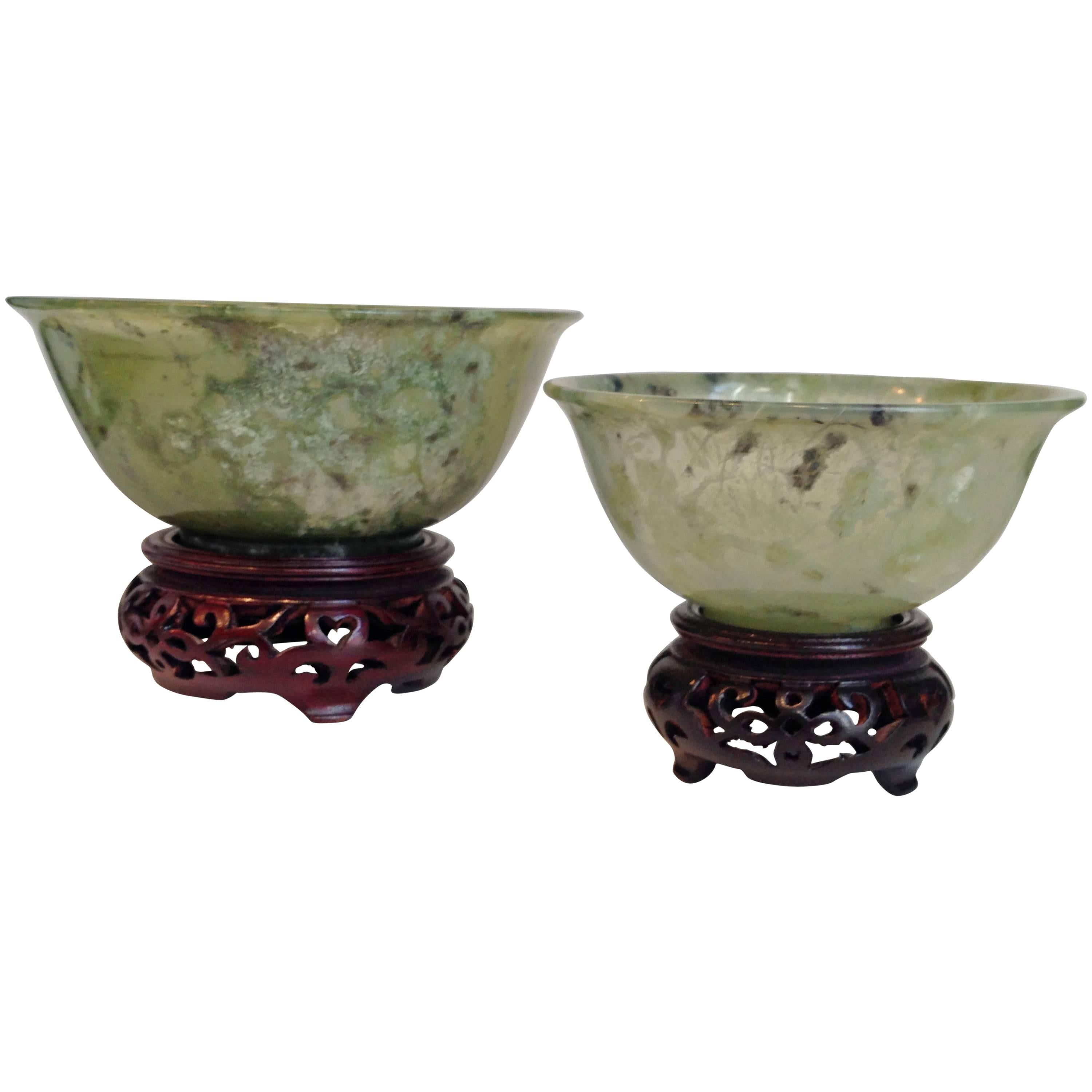 20th Century Chinese Pair of Jade Bowls on Stands