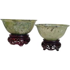 Vintage 20th Century Chinese Pair of Jade Bowls on Stands