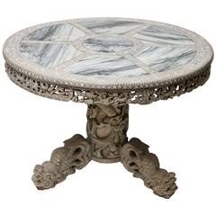 Finely Carved Chinese Center Table with Mother-of-Pearl Inlays and Marble Top