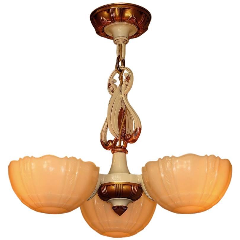 1930s Deco Mid-Century Three-Shade Chandelier For Sale