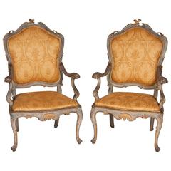 Fine Pair of Venetian Rococo Blue Painted and Gilded Armchairs