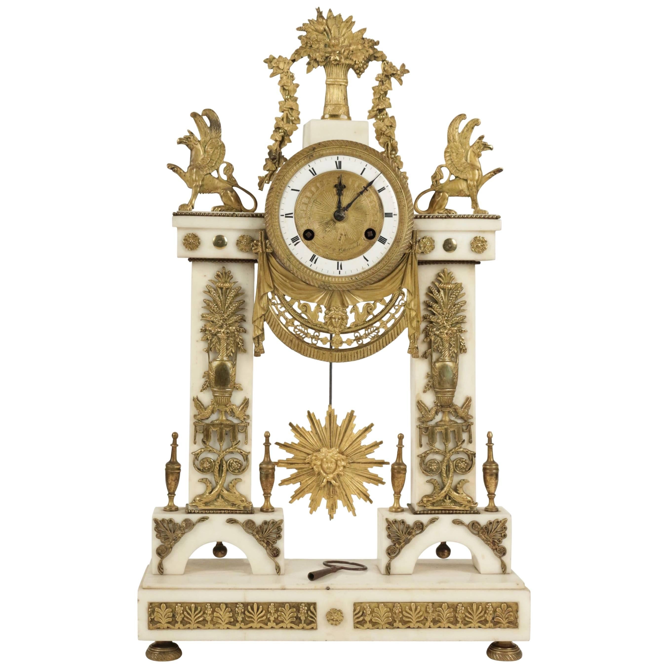 French Empire Period White Carrara Marble and Ormolu Clock, circa 1810