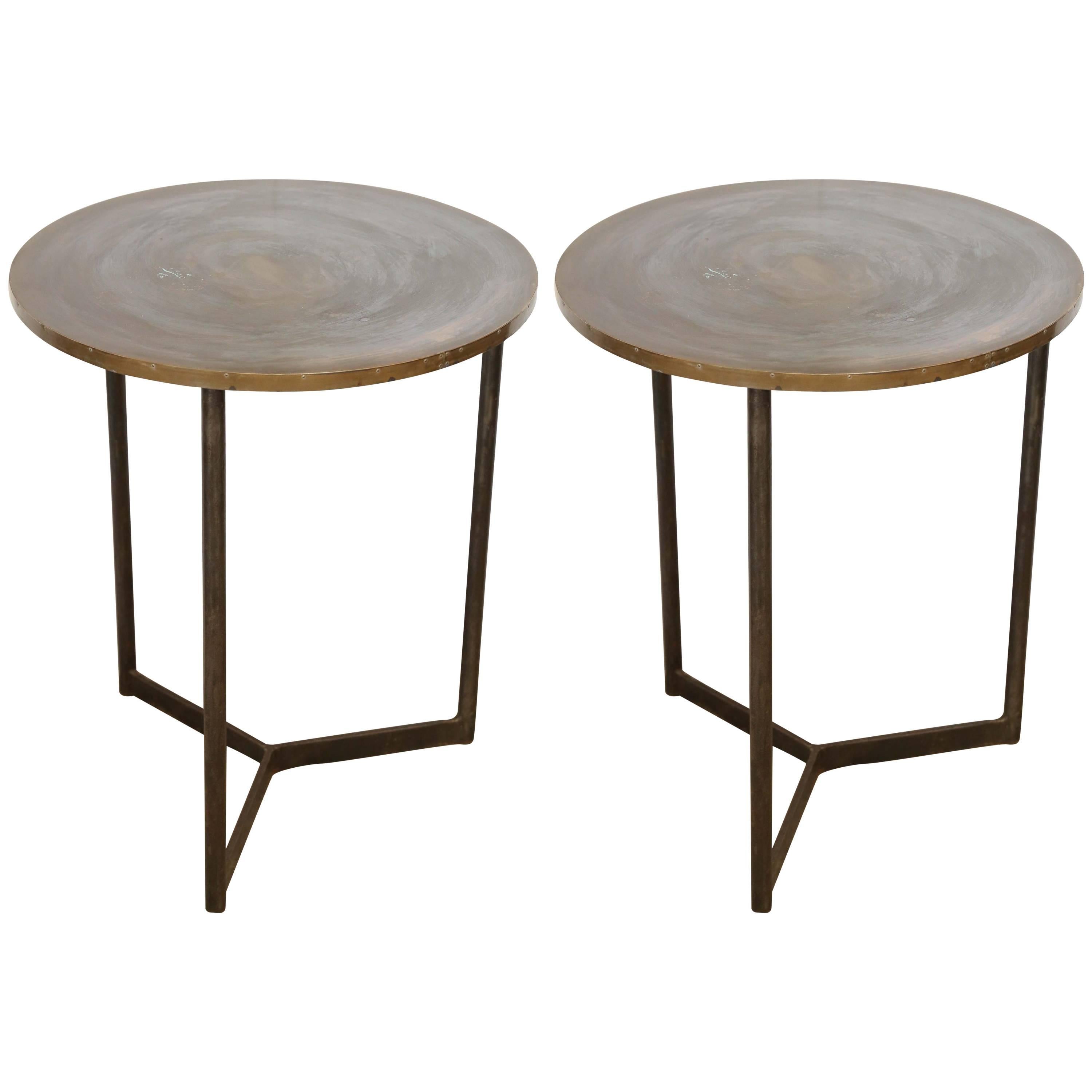 Pair of Custom Iron and Brass Side Tables