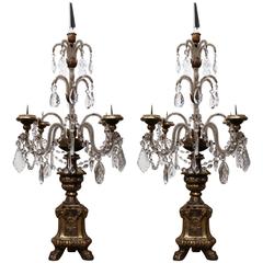 Pair of 1920s Italian Gold Leaf with Crystal and Glass Four-Arm Candlesticks 1