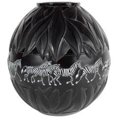 Lalique "Tanzania" Vase with a Dazzle of Zebras in Opaque Black Glass