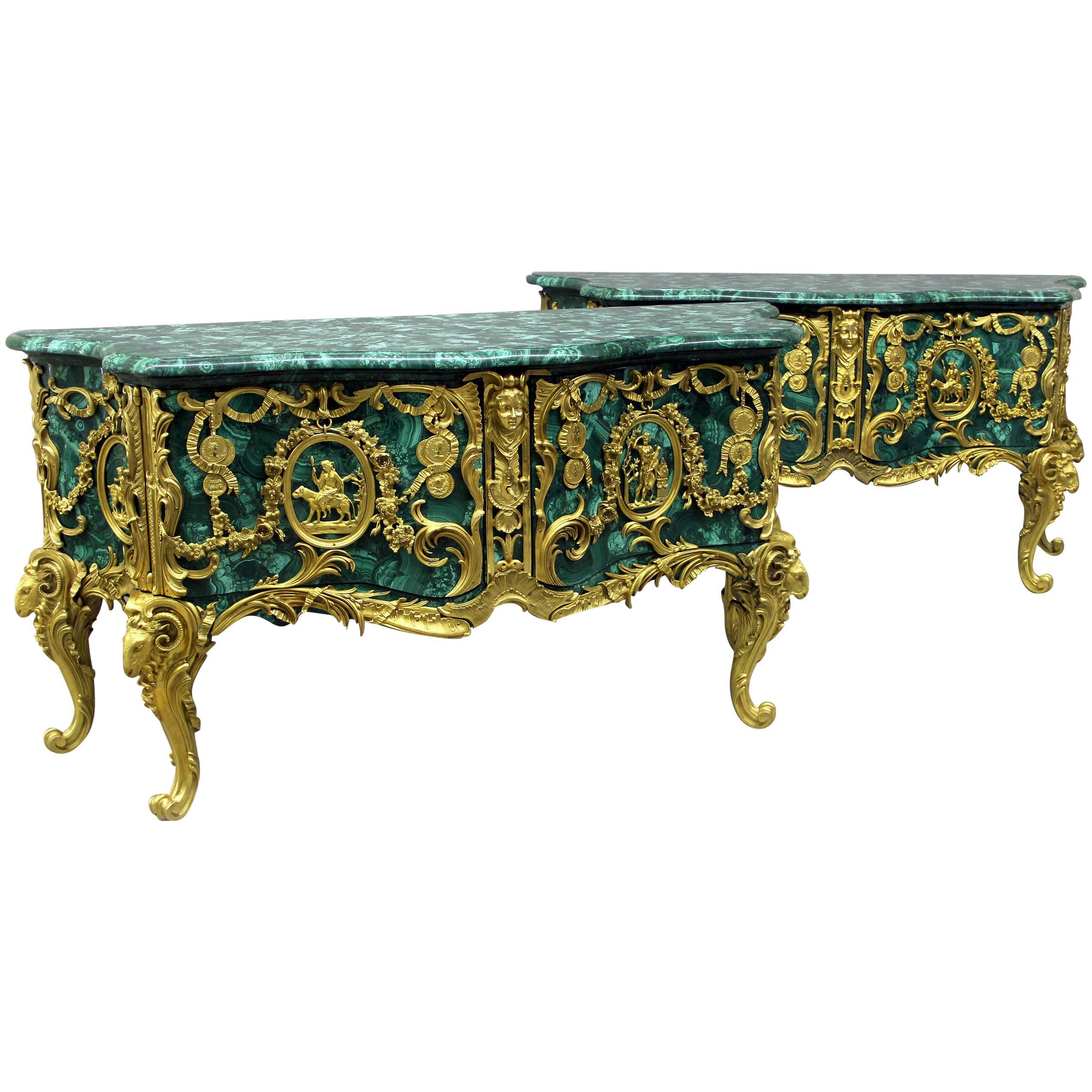 Pair of Late 19th-Early 20th Century Gilt Bronze-Mounted Malachite Commodes