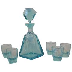 Antique Ruba Rombic styled Cubist Decanter and Glass Set
