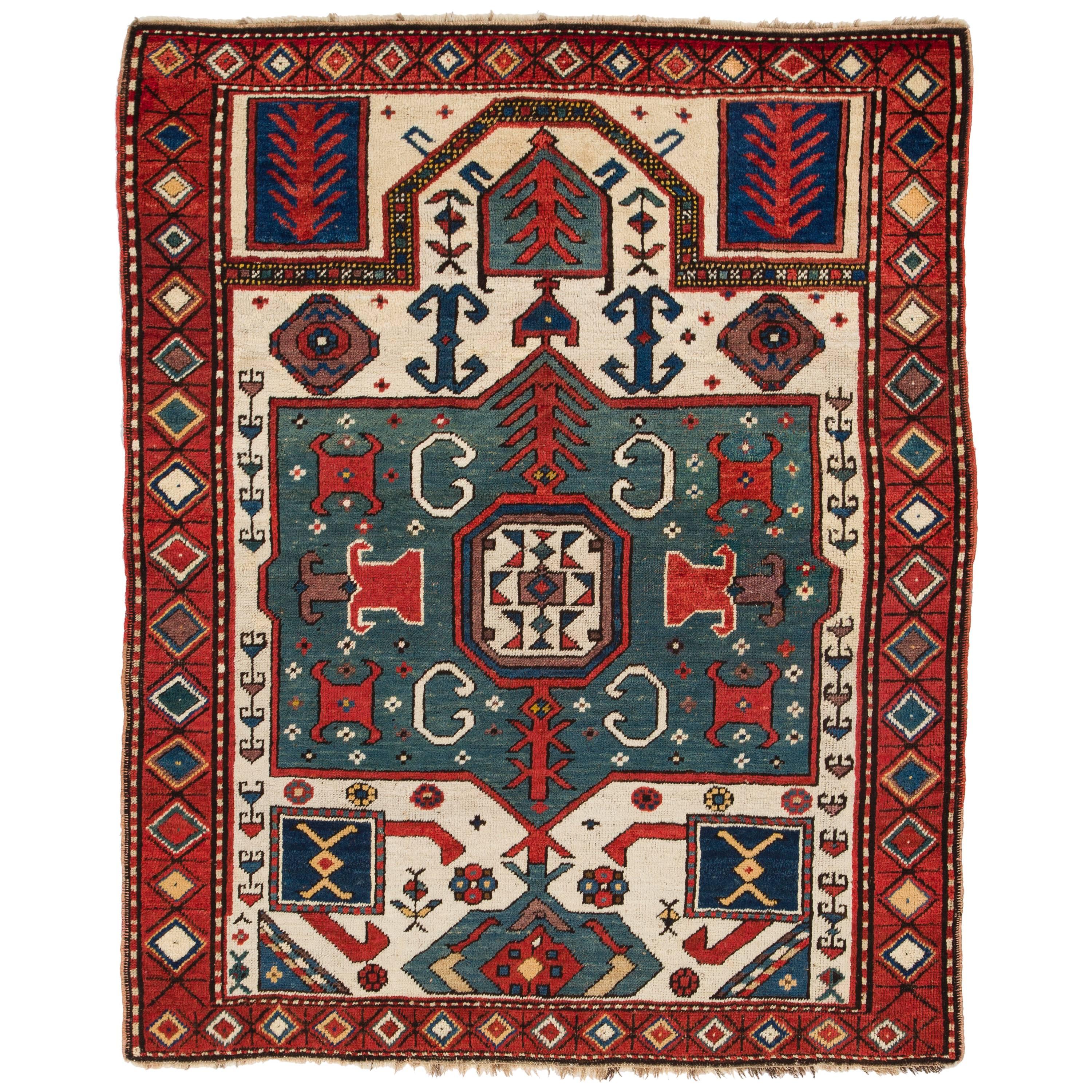 Fascinating Antique Caucasian Kazak Prayer Rug