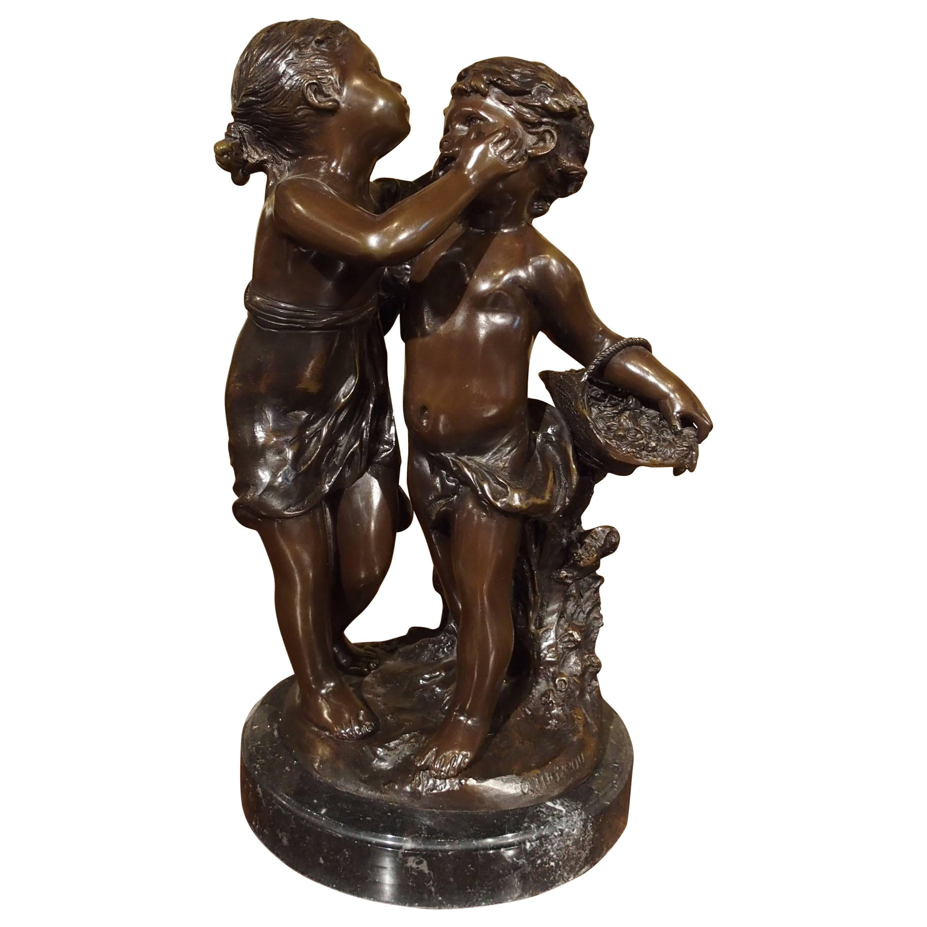 Cast Bronze Statue of a Boy and Girl, Signed A. Moreau