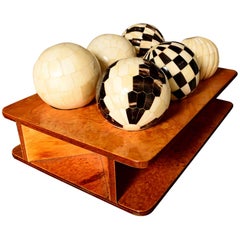 Decorative Tessellated Spheres Set, Bone and Horn with Burl Wood Tray
