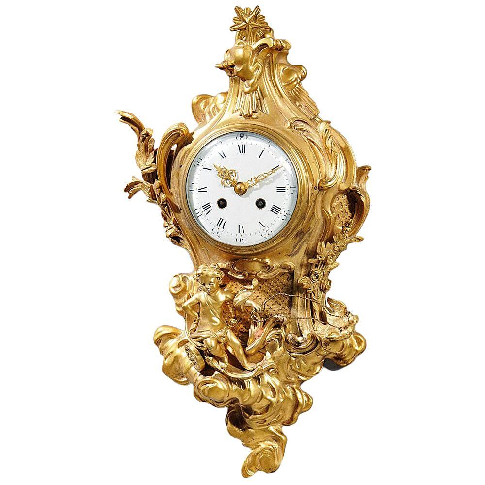 Louis XV Style Doré Bronze Cartel Clock with Putti on a Chariot by Vincenti