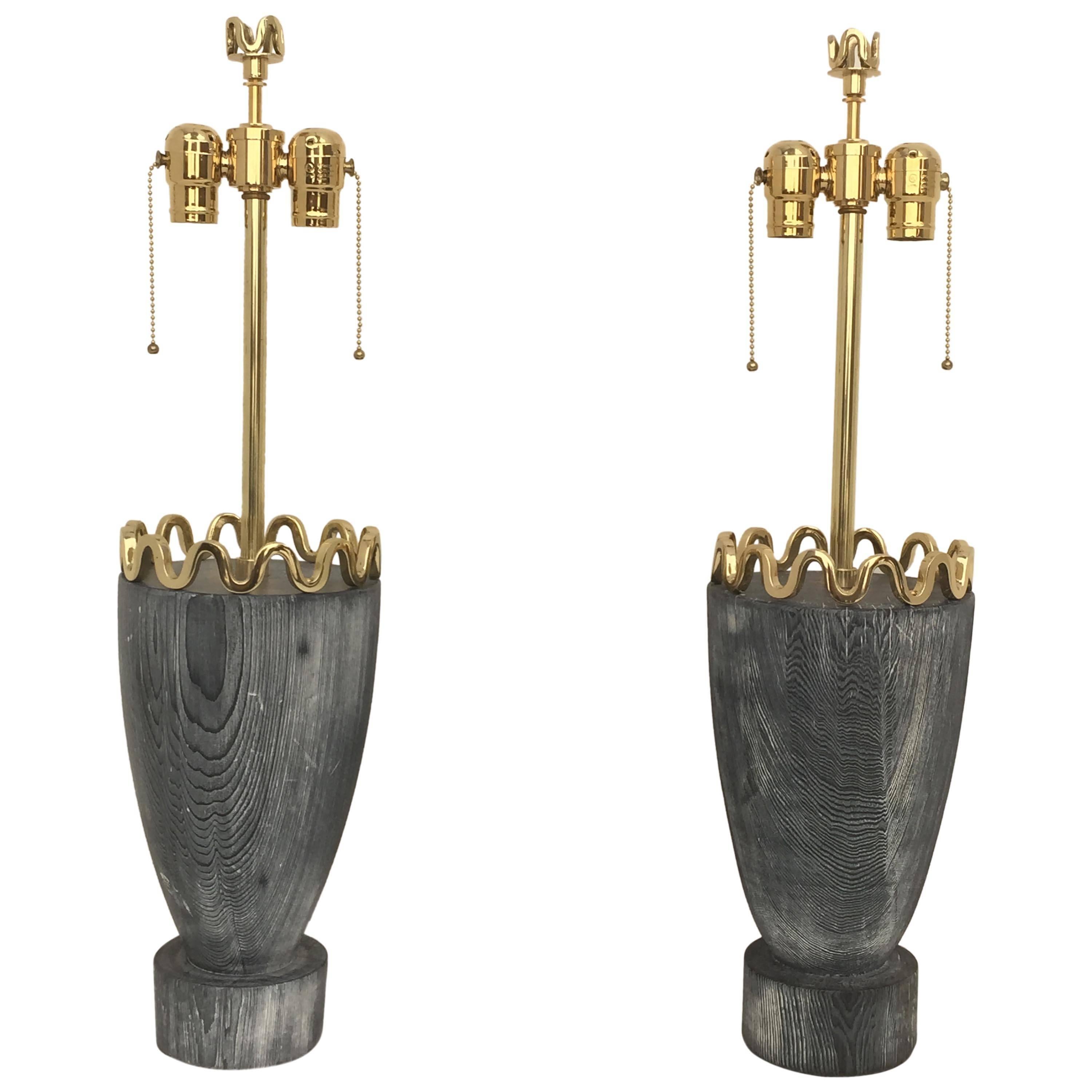 James Mont Cerused Redwood and Brass Lamps