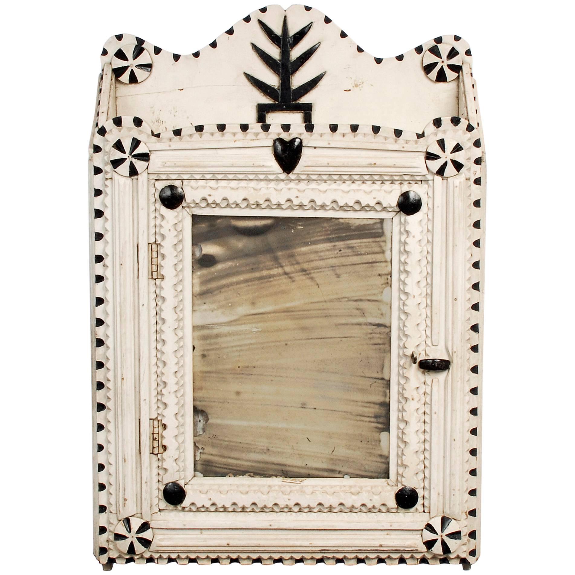 Painted Tramp Art Cabinet with Heart and Tree For Sale
