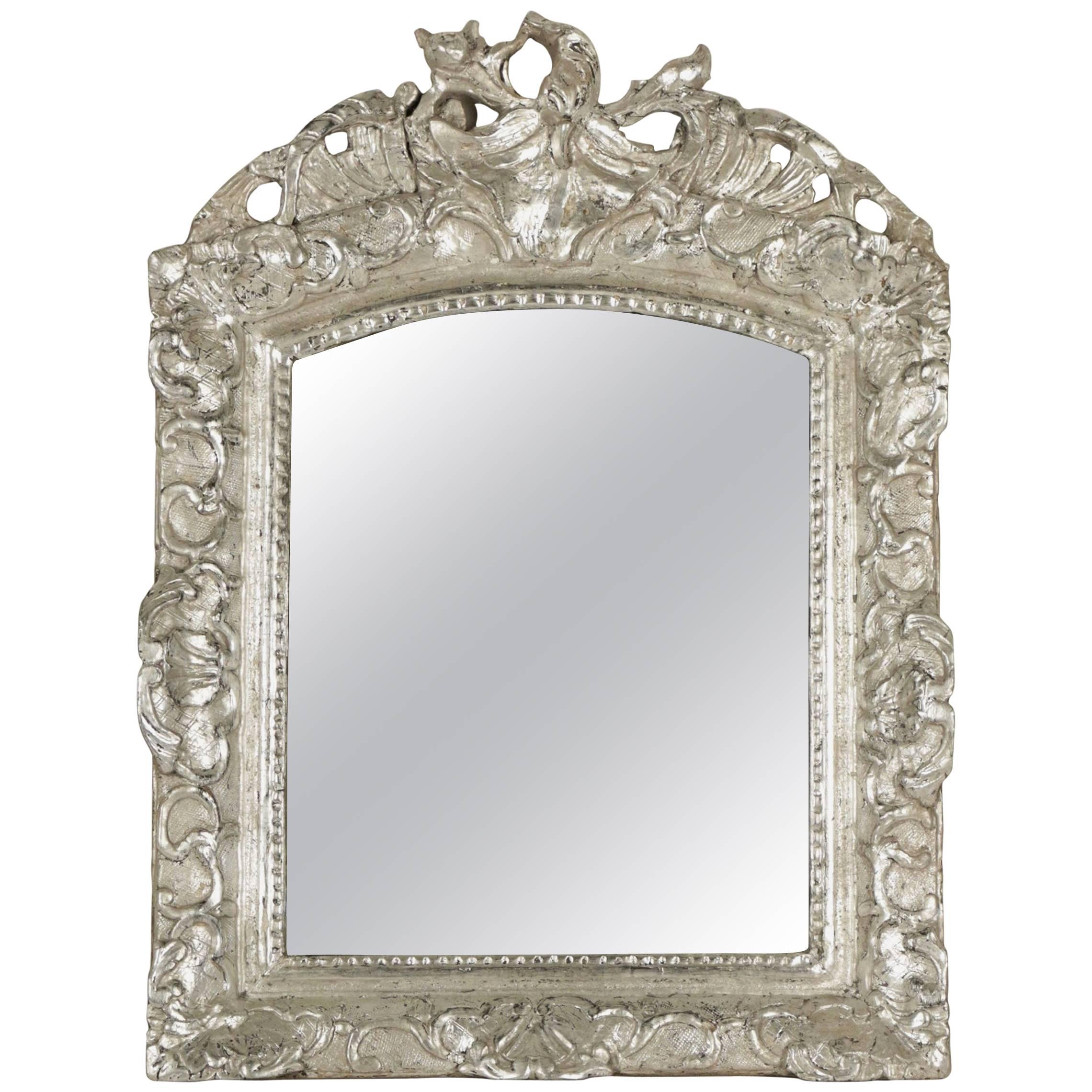 French Louis XV Period, Hand-Carved Silvered Wood Mirror
