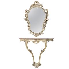Antique Italian Rococo Hand Painted Faux Marble Console and Mirror, Ca 1910