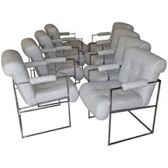 Eight Modern Plush Milo Baughman Thin Line Armed Dining Chairs