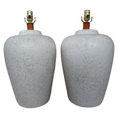 Large Pair of Mid-Century Raised Crackle Glaze Ceramic Lamps 2