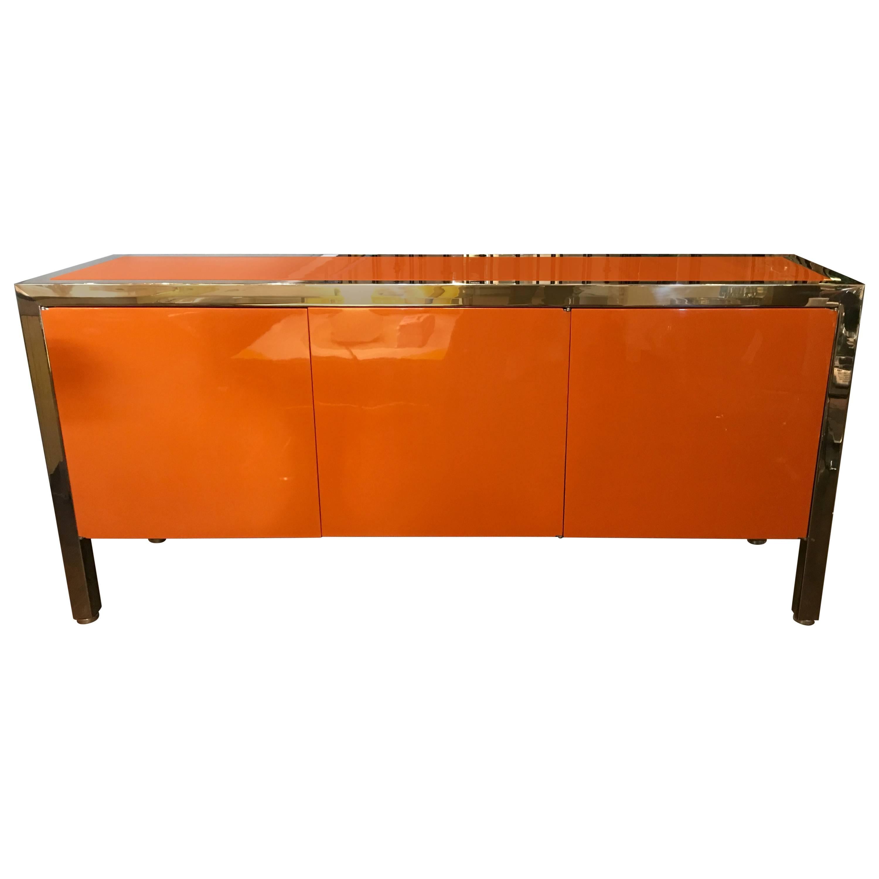 Pace Orange Lacquer Finish and Polished Steel Cabinet