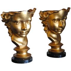 Pair of Gilt Bronze Busts Ladies Head Sculptures