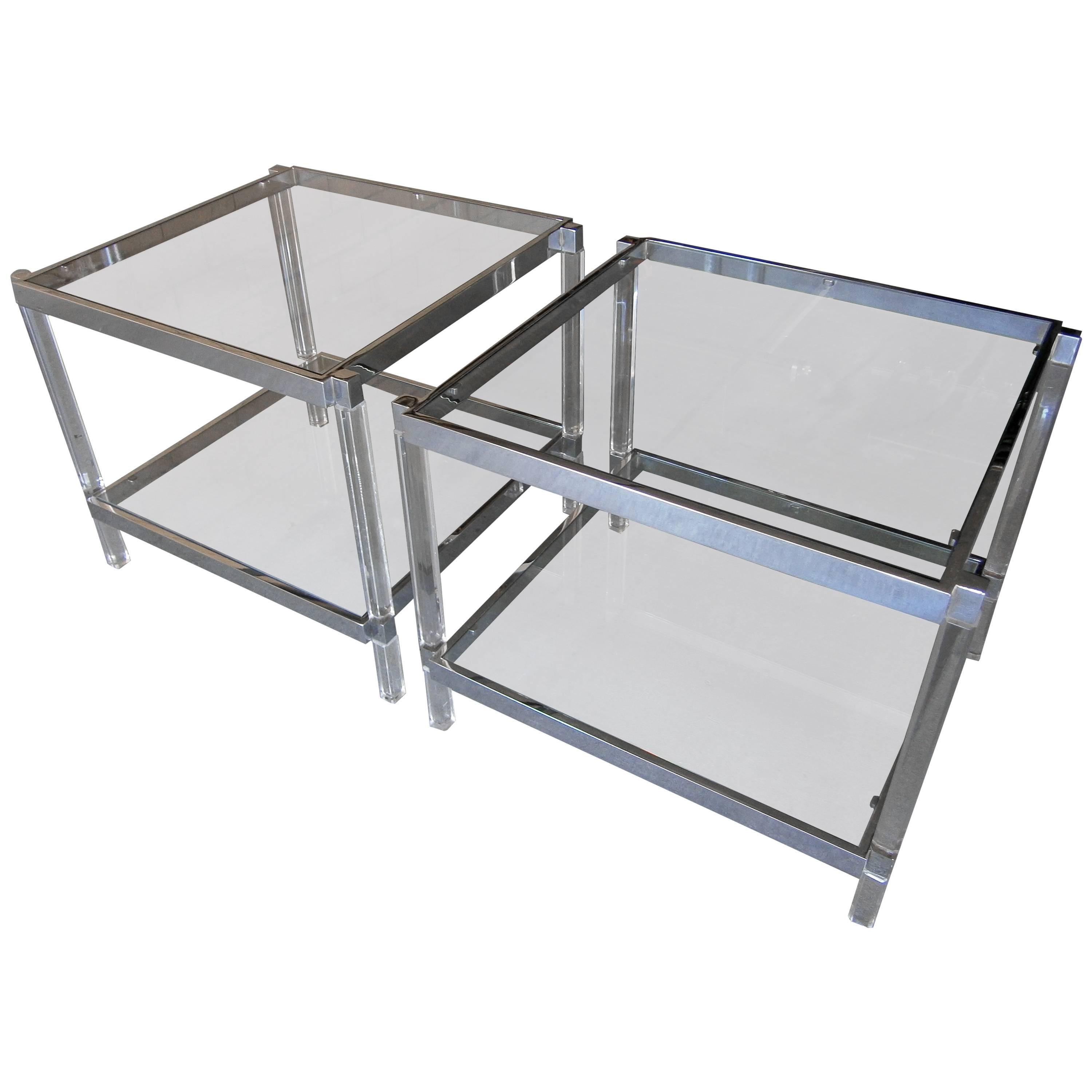 Pair of Chromed Steel & Lucite Metric Line Side Tables by Charles Hollis Jones For Sale