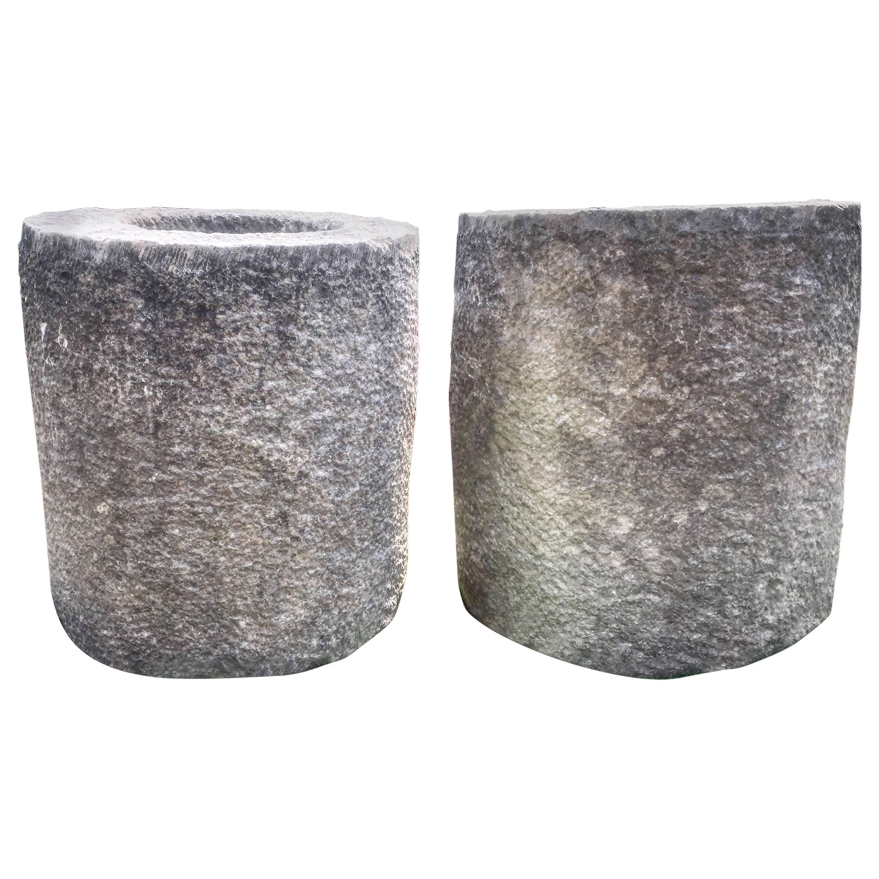 Pair of French Carved Stone Cylindrical Planters