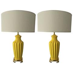 Mid-Century Ceramic Pair of Table Lamps, Brass Asian Form Base