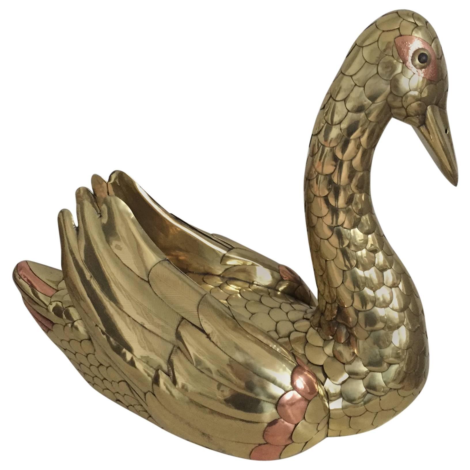 Mid-Century Brass Sculpture Swan Attributed to Sergio Bustamante For Sale