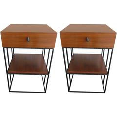 Pair of Mid-Century Two Level Maple Wood and Black Iron Nightstands