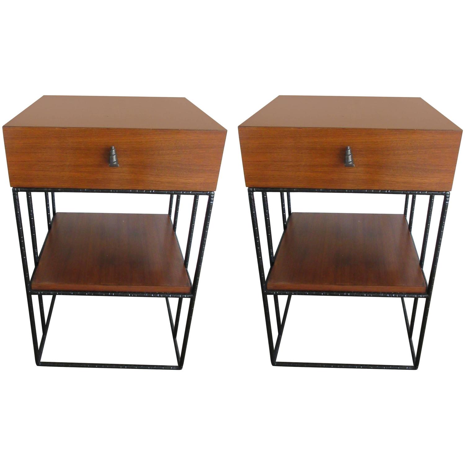 Pair of MidCentury Two Level Maple Wood and Black Iron Nightstands For Sale at 1stdibs
