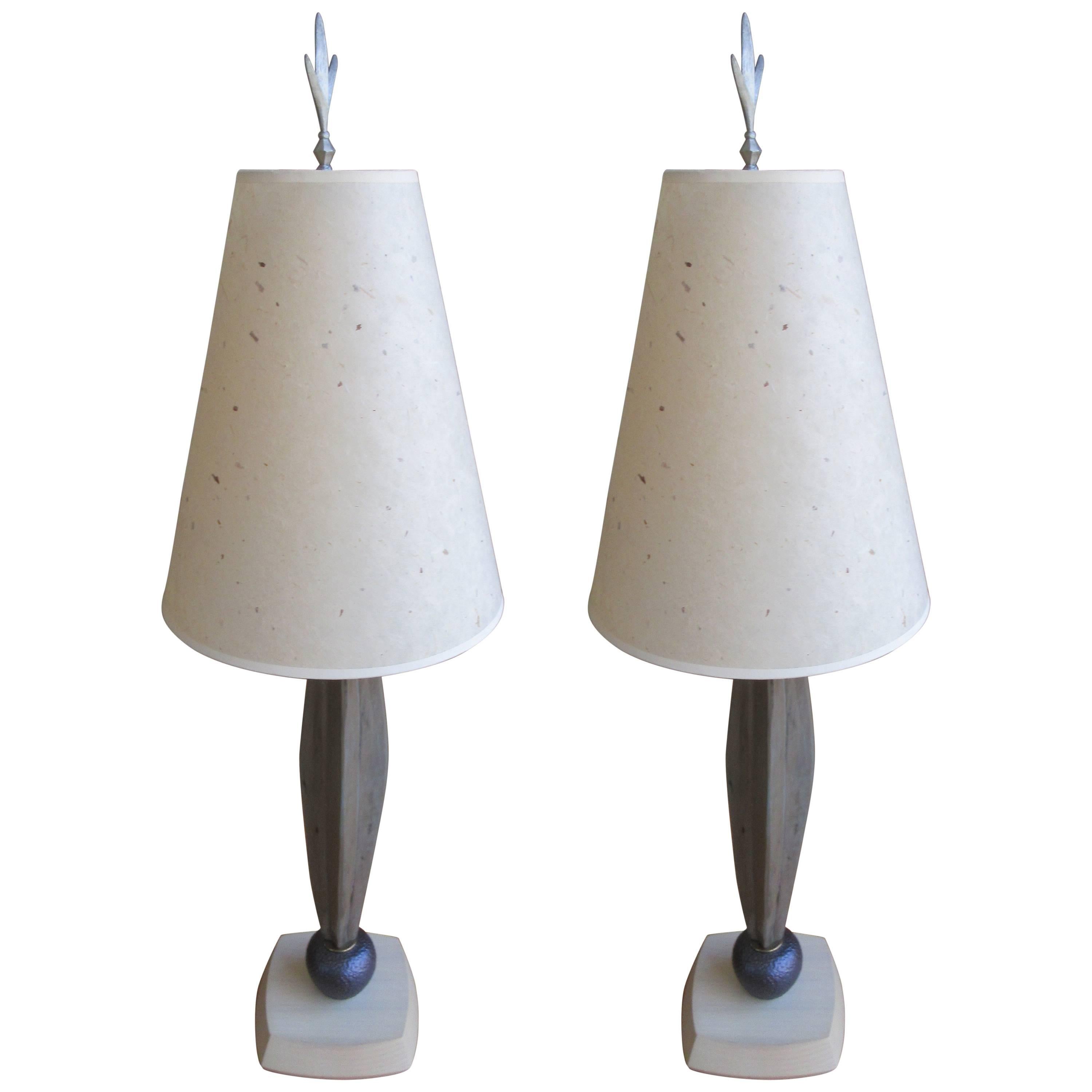 Pair of Danish Mid-Century Modern Wood and Hammered Bronze Table Lamps