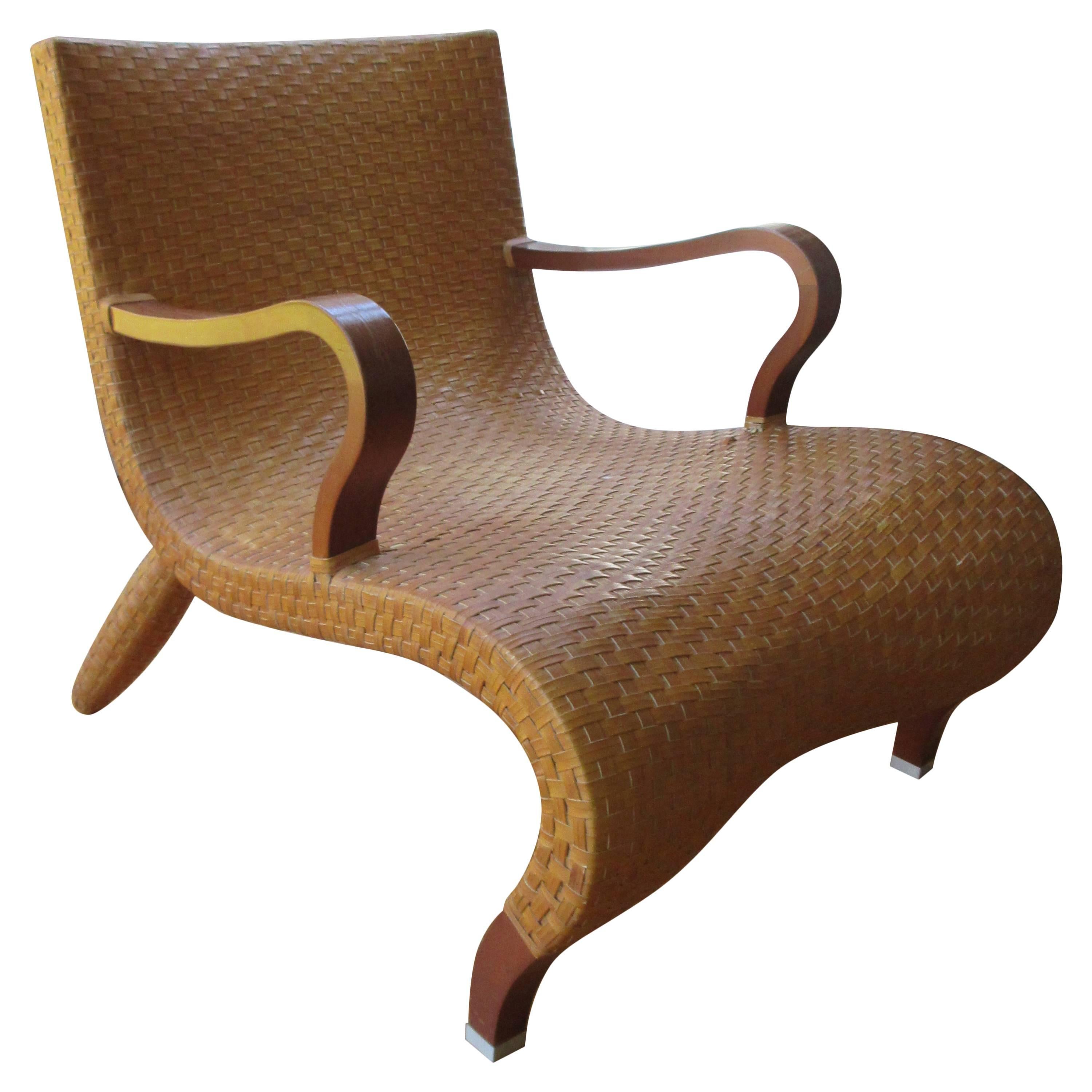 Rare Leather Woven Scandinavian  Mid-Century Modern Oversized Armchair
