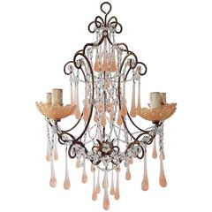 French Pink Opaline and Bobeches Chandelier, circa 1920