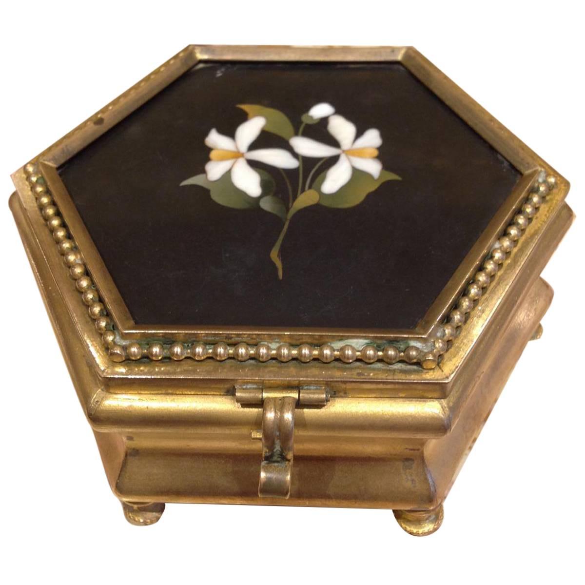 Gilt Bronze and Marquetry Marble Jewelry Box, 19th Century For Sale