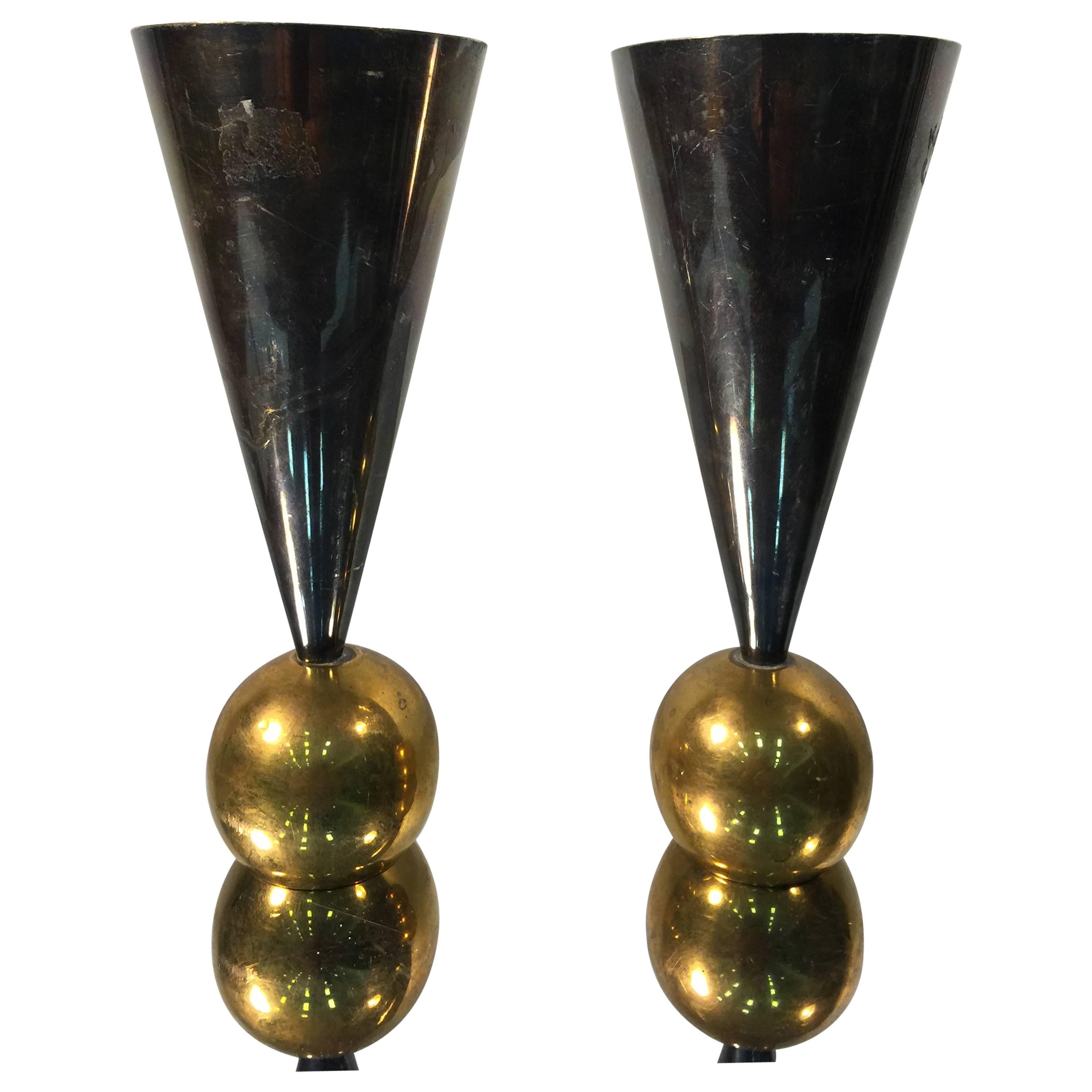 Spectacular Solid Brass Pair of Gio Ponti Style Candlesticks, circa 1970 For Sale