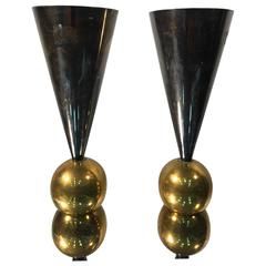 Spectacular Solid Brass Pair of Gio Ponti Style Candlesticks, circa 1970