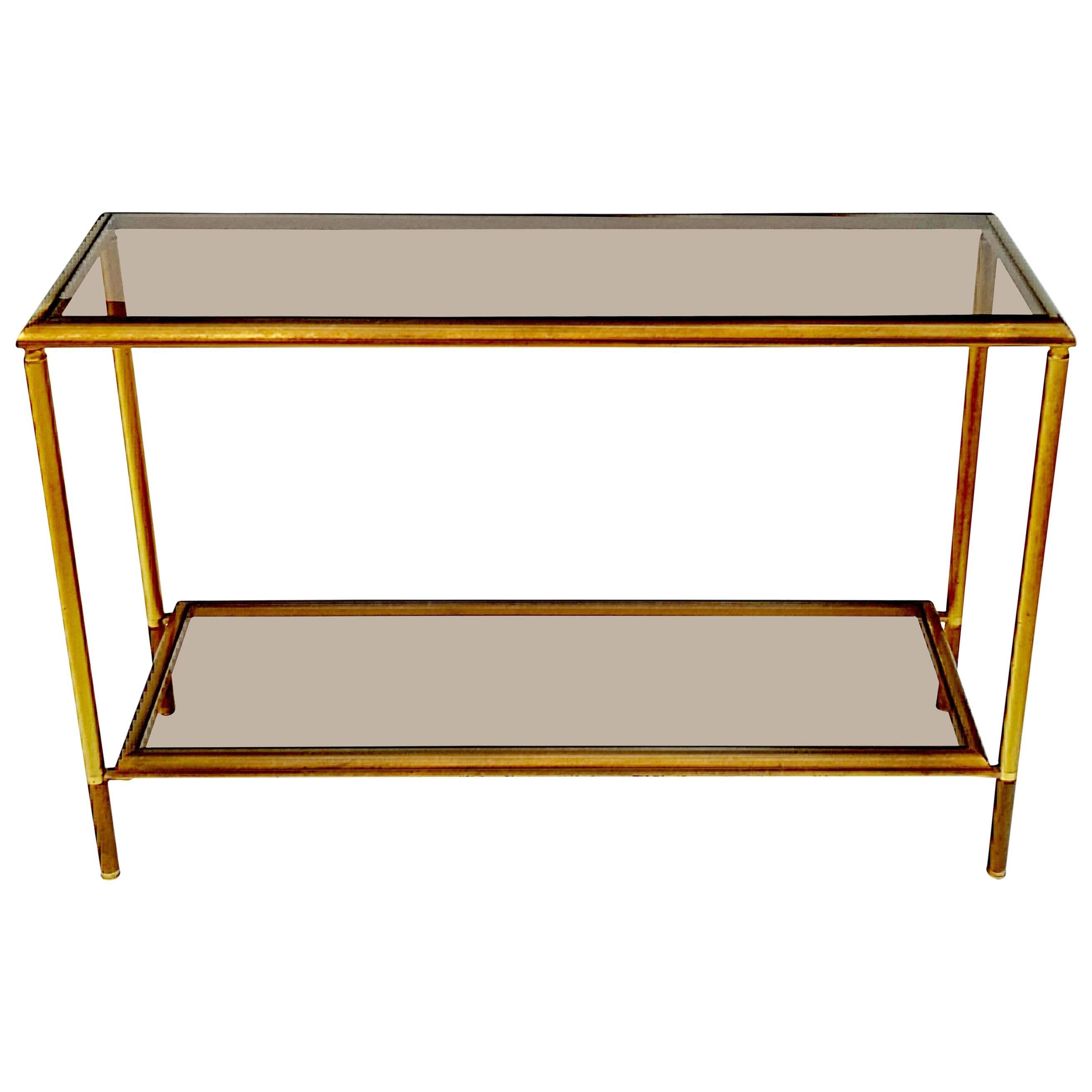 French Brass Console Table with Smoked Glass, 1960s
