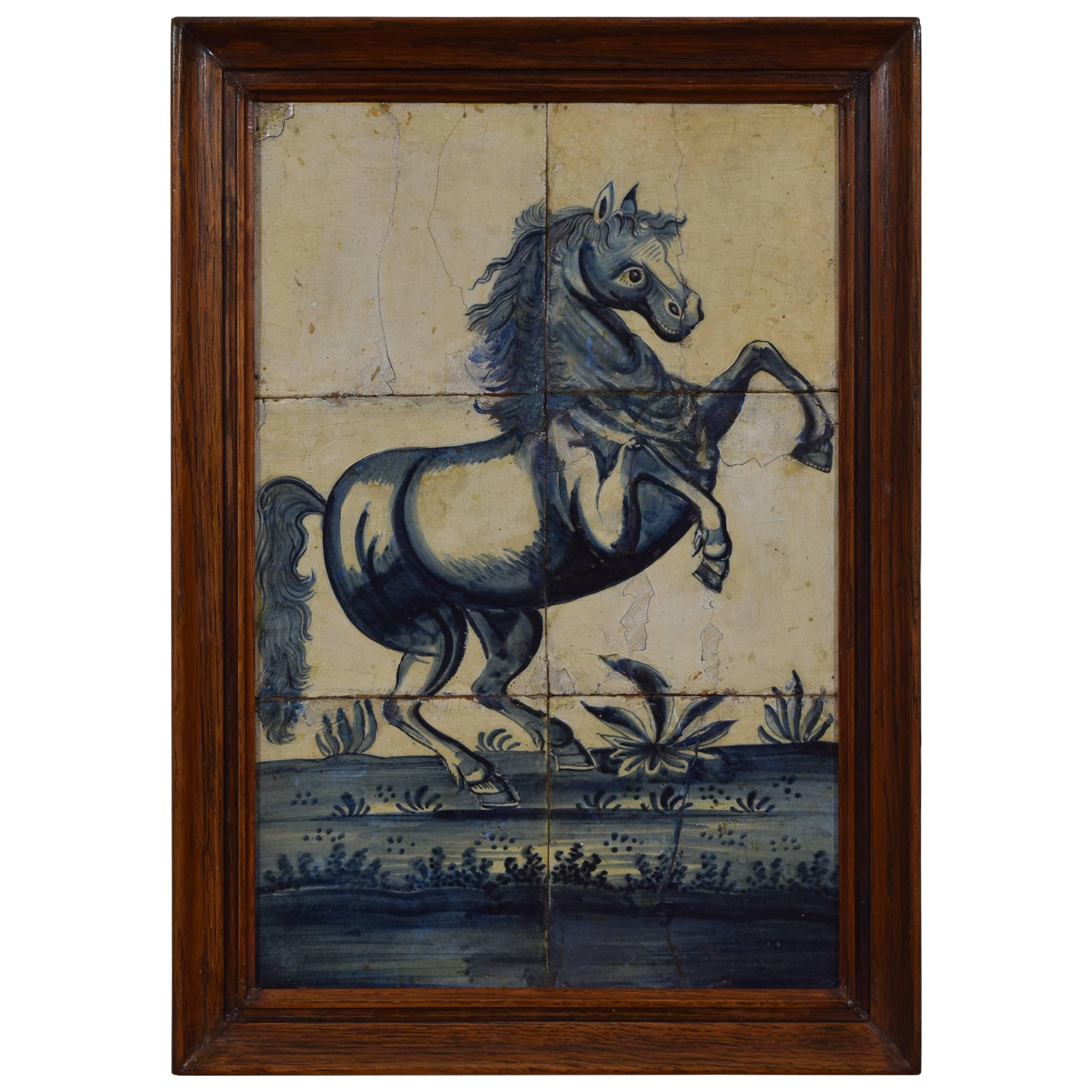 Portuguese Framed Painted Tiles of a Rearing Horse, 18th Century, Later Frame