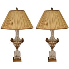 Antique Pair of Crystal and Ormolu Urn Lamps with Custom Silk Shades