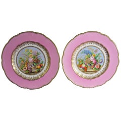 English Porcelain Pink-Ground Pair of Botanical Plates Probably Minton.