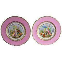 English Porcelain Pink-Ground Pair of Botanical Plates Probably Minton. 12
