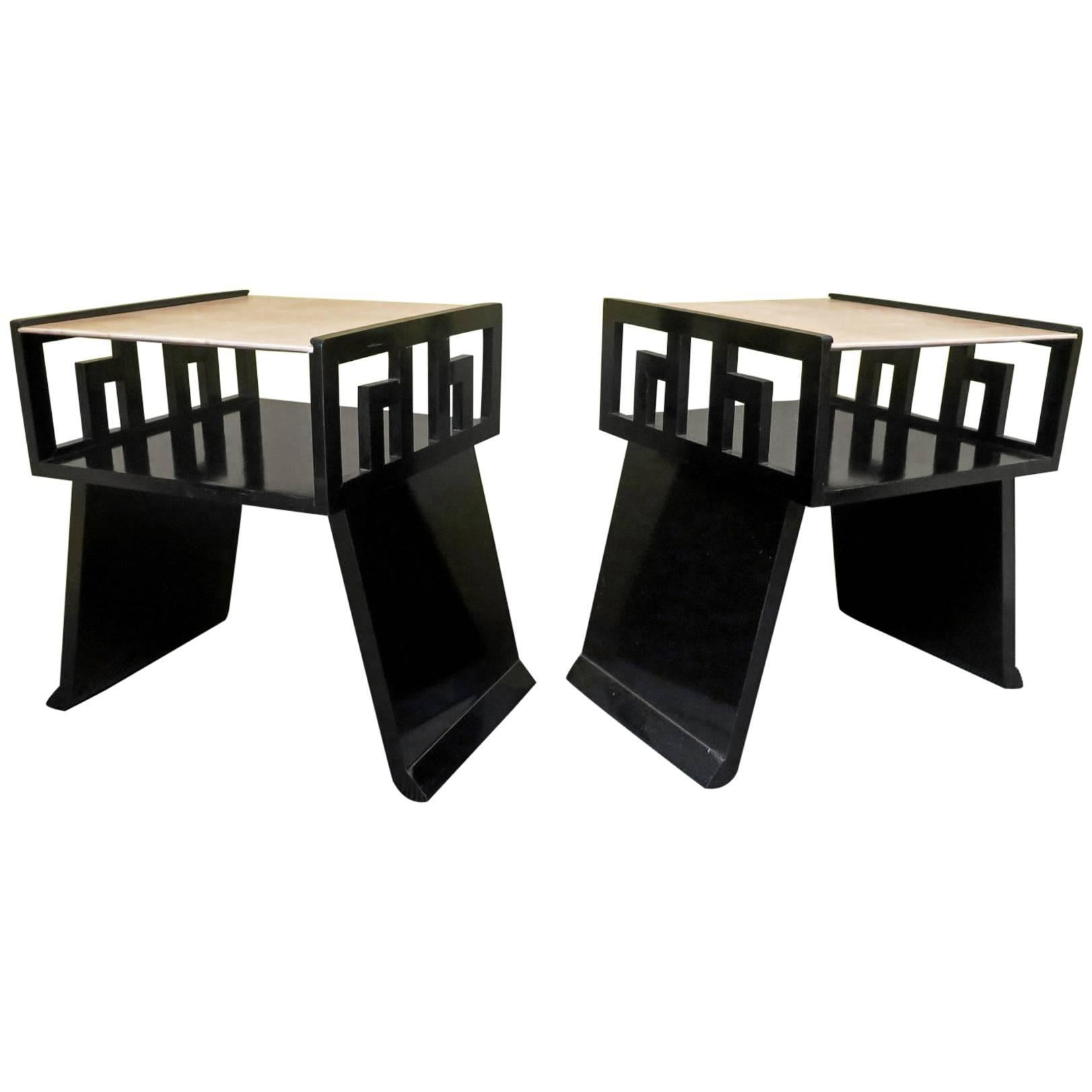  Couple of Side Tables of Black Lacquer and Parchment Top