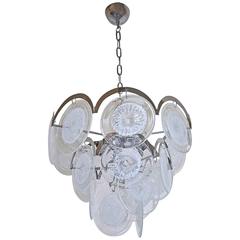 Murano Vistosi Style Clear and Swirled White Disk Chandelier