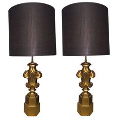 Pair of James Mont Style Wooden Gilt Lamps 10