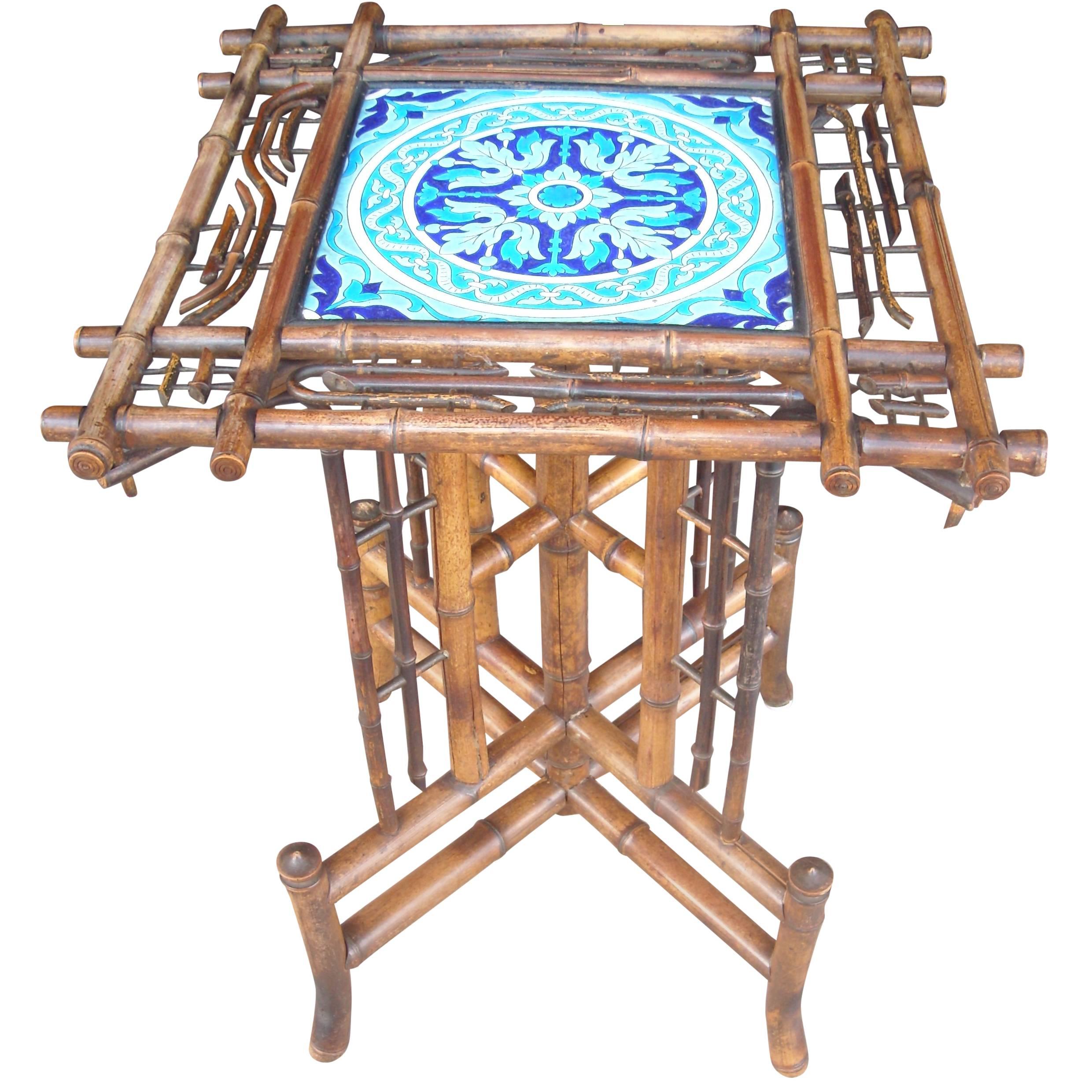 Longwy Ceramic, Tile Table/Pedestal, in Bamboo, Art Nouveau Japanerie